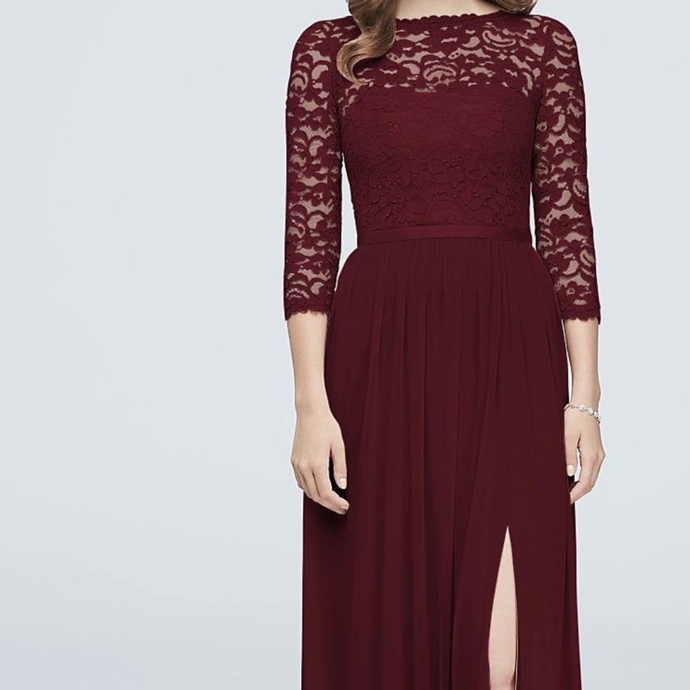 Three-Quarter Lace and Mesh Bridesmaid Dress; Size 16; Color: Wine